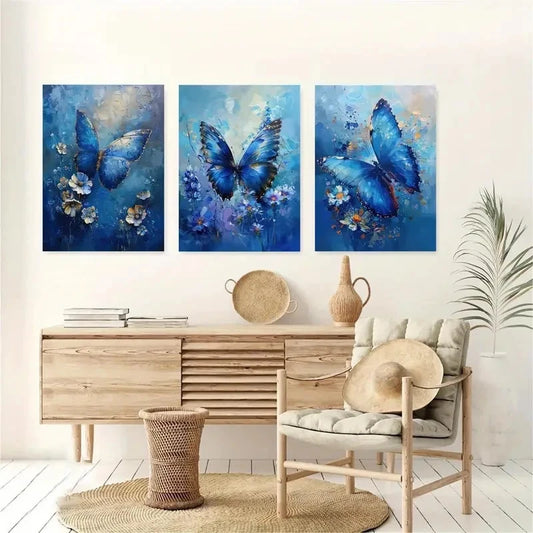 3pcs Blue Butterfly and Floral Metal Print Ready to Hang Art