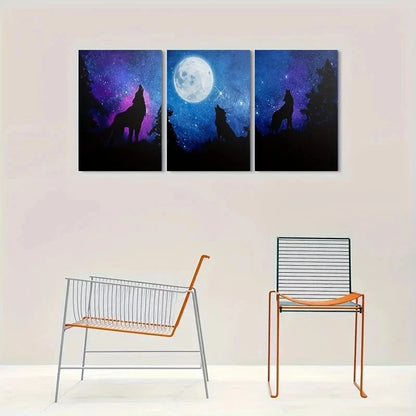 3pcs Wolf Howling at the Moon Nature Metal Print Ready to Hang Art