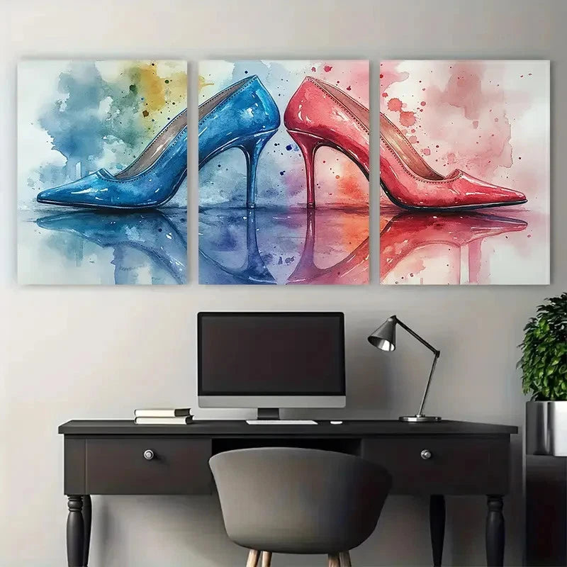 3pcs Vibrant Watercolour Shoe Collection Design Wall Art Set Canvas Framed 40x60cm - High Quality Print 100% Australian Made Wall Canvas Ready to Hang
