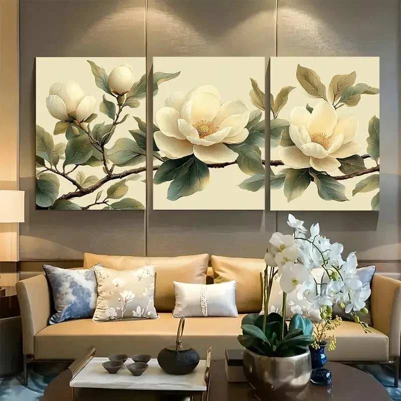 3pcs Elegant White Magnolia with Green Leaves Metal Print Ready to Hang Art