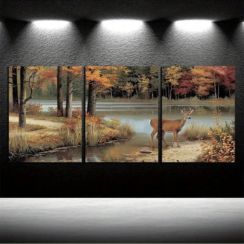 3pcs Autumn Forest Deer with Lake Scene Metal Print Ready to Hang Art
