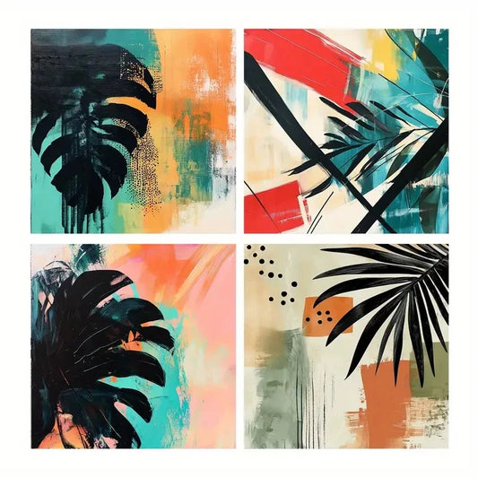4pcs Black Silhouette Square Palm Leaf Posters Wall Art Canvas Framed