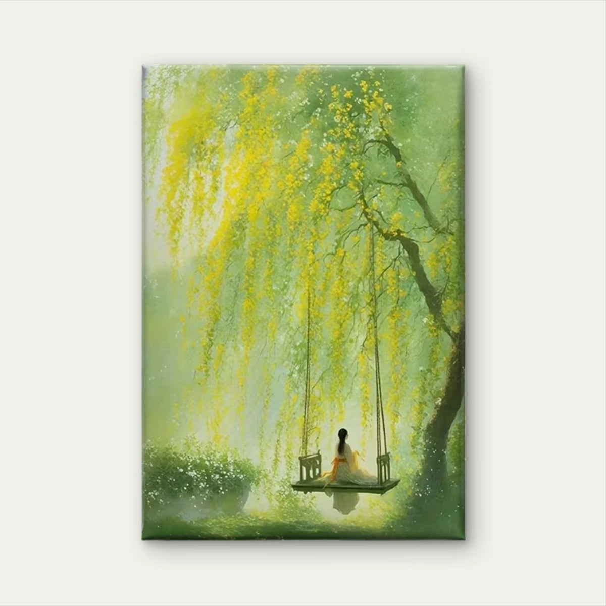 Woman Swinging Under Blossoming Tree 60x90cm Metal Print Ready to Hang