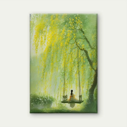 Woman Swinging Under Blossoming Tree 60x90cm Metal Print Ready to Hang