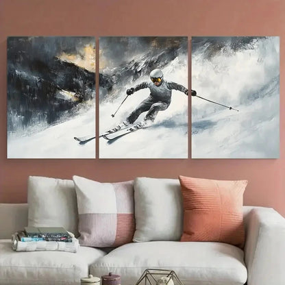 3pcs Skiing Sport Gift Skier on Snowy Mountain Wall Art Set Canvas Framed 60x90cm - High Quality Print 100% Australian Made Wall Canvas Ready to Hang