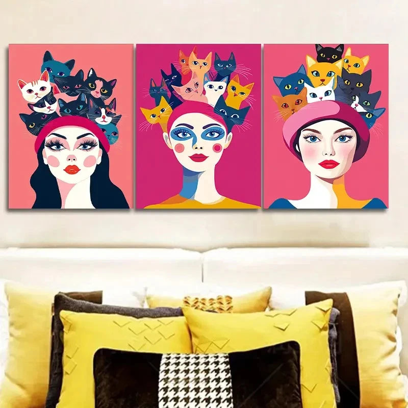 3pcs A Cat on the Head Art Painting Metal Print Ready to Hang Art
