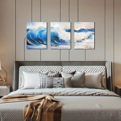 3pcs Dynamic Sea Waves in Blue & White Beach Metal Print Ready to Hang Art
