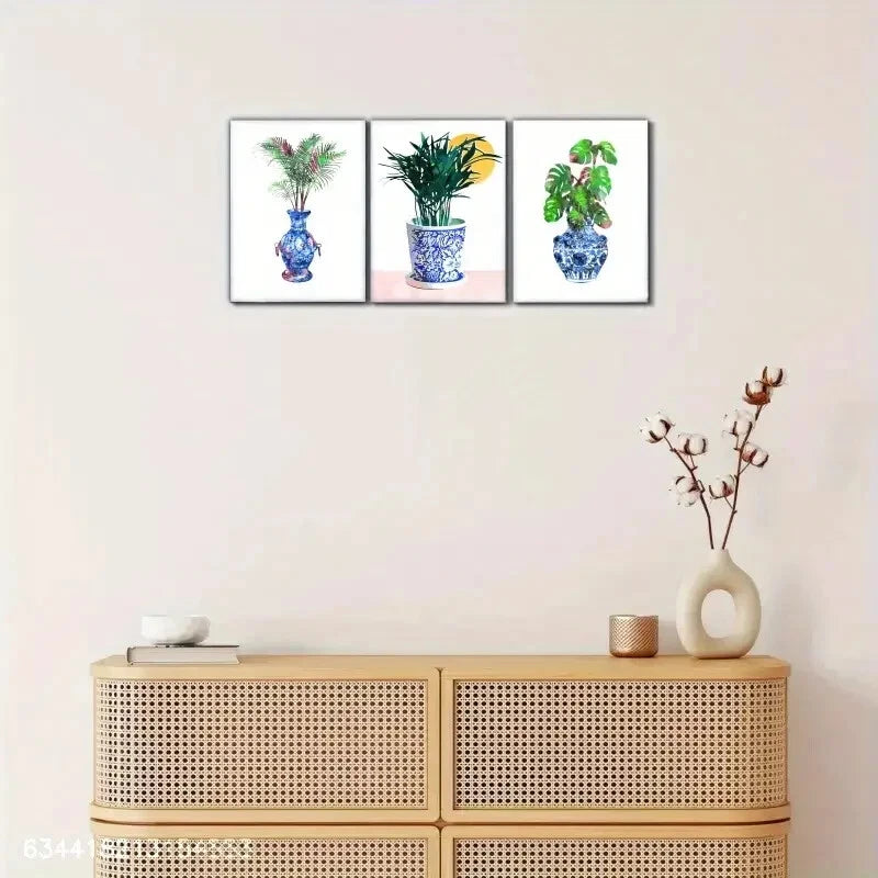 3pcs Blue and White Porcelain and Plant Metal Print Ready to Hang Art