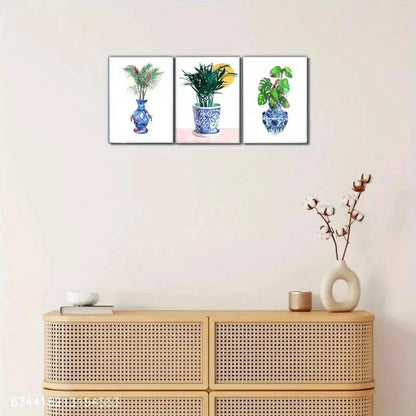 3pcs Blue and White Porcelain and Plant Metal Print Ready to Hang Art