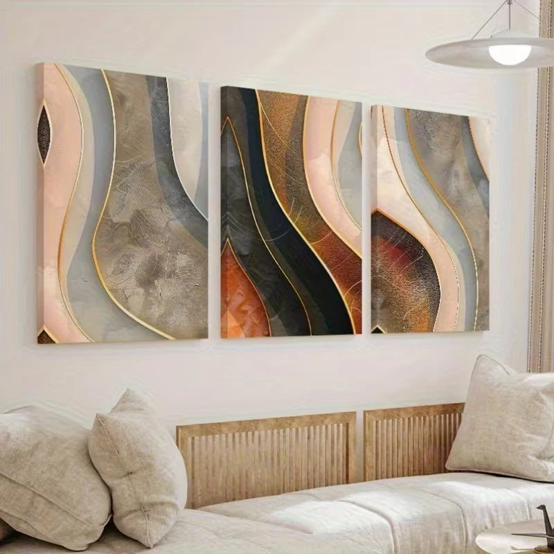 3pcs Abstract Golden Wavy Line Wall Art Set Canvas Framed 40x60cm - High Quality Print 100% Australian Made Wall Canvas Ready to Hang