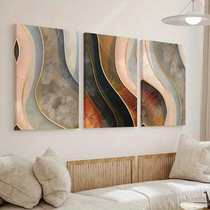 3pcs Abstract Golden Wavy Line Wall Art Set Canvas Framed 40x60cm - High Quality Print 100% Australian Made Wall Canvas Ready to Hang