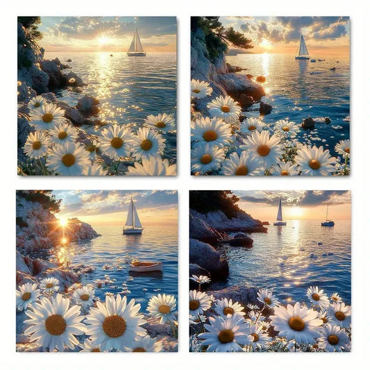 4pcs Daisy sea sail  Wall Art Canvas Framed