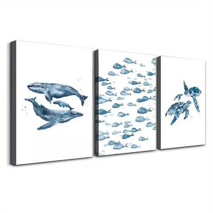 3pcs Water Color Painting Of Whale, Turtle & Fishes Canvas Framed 40x60cm - High Quality Print 100% Australian Made Wall Canvas Ready to Hang