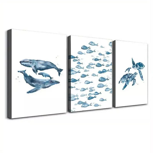 3pcs Water Color Painting Of Whale, Turtle & Fishes Canvas Framed 40x60cm - High Quality Print 100% Australian Made Wall Canvas Ready to Hang