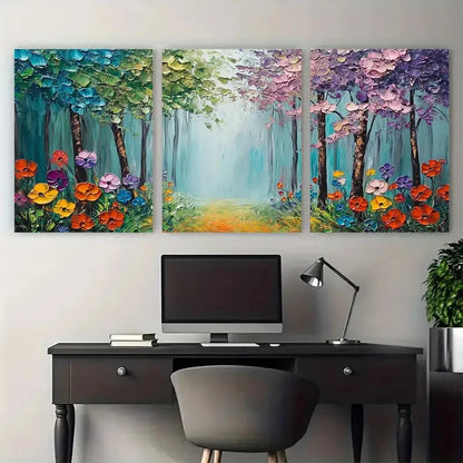 3pcs Colorful Flower and Green Tree Tranquil Metal Print Ready to Hang Art