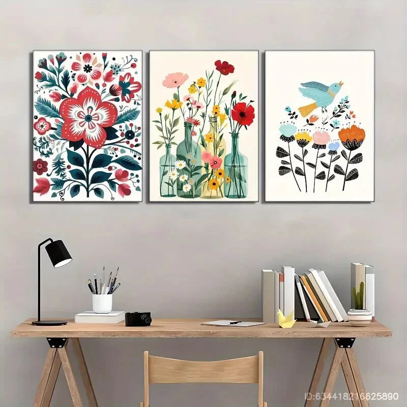 3pcs Wildflowers in Pot on Beige Background Metal Print Ready to Hang Art