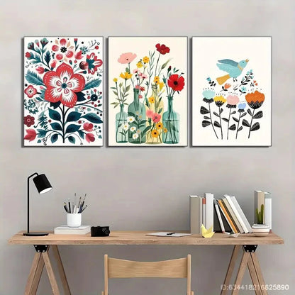 3pcs Wildflowers in Pot on Beige Background Metal Print Ready to Hang Art