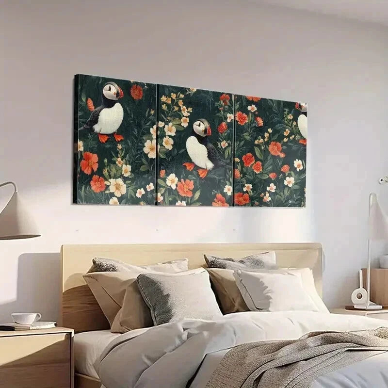 3pcs Puffins & Blooming Flowers Decorations Wall Art Set Canvas Framed 40x60cm - High Quality Print 100% Australian Made Wall Canvas Ready to Hang