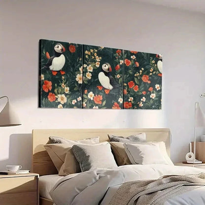 3pcs Puffins & Blooming Flowers Decorations Wall Art Set Canvas Framed 40x60cm - High Quality Print 100% Australian Made Wall Canvas Ready to Hang