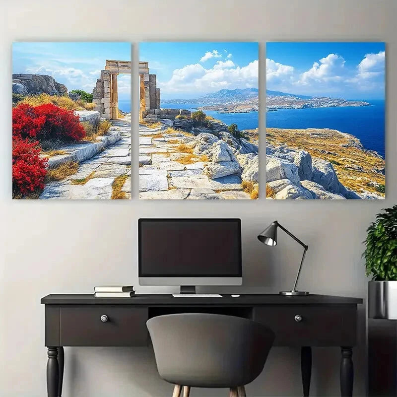 3pcs Vivid Greek Landscape with Stone Arch Metal Print Ready to Hang Art