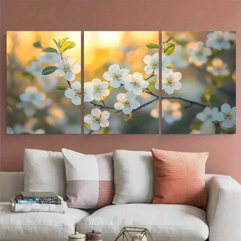 3pcs Midland Hawthorn Tree Delicate White Flowers Metal Print Ready to Hang Art