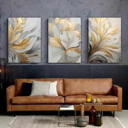 3pcs Golden and White leaf Abstract Canvas Framed 60x90 cm - High Quality Print 100% Australian Made Wall Canvas Ready to Hang