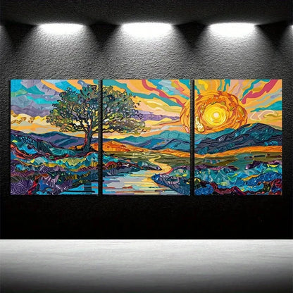 3pcs Vibrant Landscape Sunset Pastoral Scenery Metal Print Ready to Hang Art