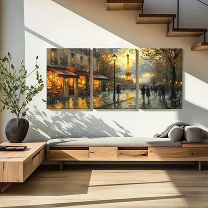 3pcs Parisian Rain Eiffel Tower Cozy Streetscape Wall Art Set Canvas Framed 40x60cm - High Quality Print 100% Australian Made Wall Canvas Ready to Hang