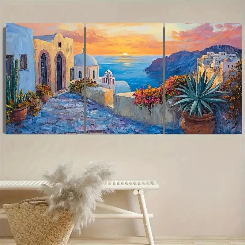 3pcs Twilight in Santorini Vibrant Color Greek Metal Print Ready to Hang Art