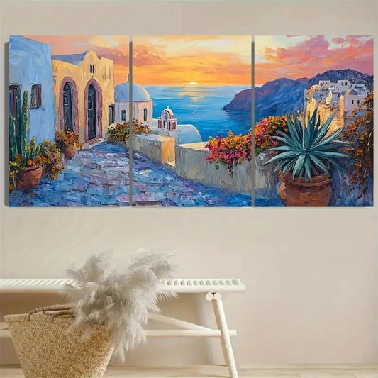 3pcs Twilight in Santorini Vibrant Color Greek Metal Print Ready to Hang Art