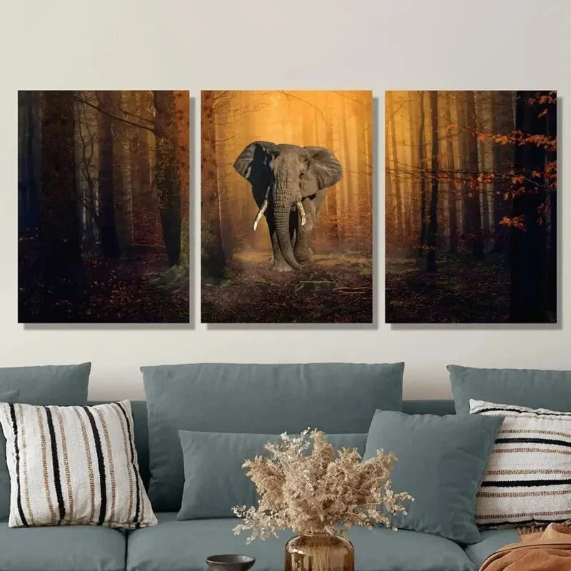 3pcs Elephant in Forest Vibrant Jungle Scene Metal Print Ready to Hang Art