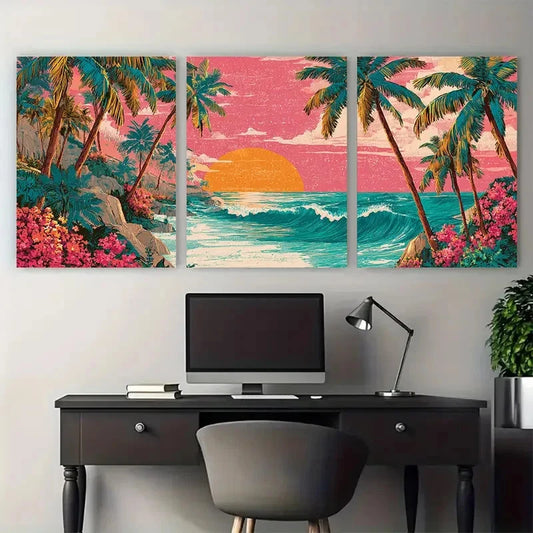 3pcs Puerto Rico Beach Scenery Illustration Wall Art Set Canvas Framed 60x90cm - High Quality Print 100% Australian Made Wall Canvas Ready to Hang