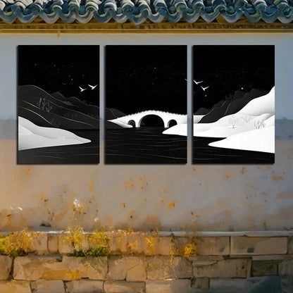 3pcs Black Bridge and Snow-Covered Landscape Metal Print Ready to Hang Art