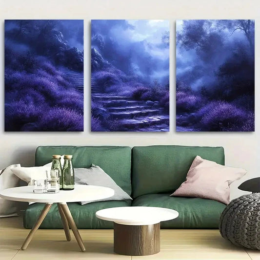 3pcs Lavender Lined Stairs Leading to The Forest Metal Print Ready to Hang Art