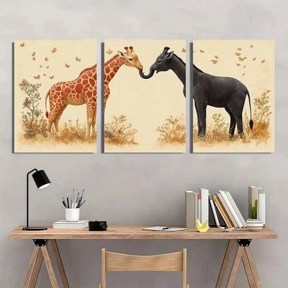 3pcs Adorable Elephant and Giraffe Vintage Metal Print Ready to Hang Art