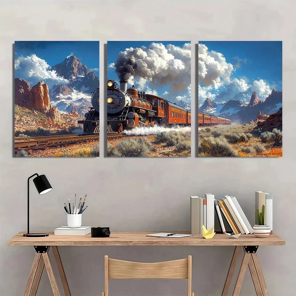 3pcs Train in Mountains Desert Metal Print Ready to Hang Art