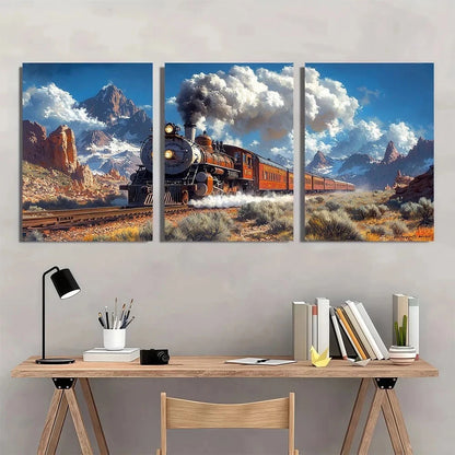 3pcs Train in Mountains Desert Metal Print Ready to Hang Art