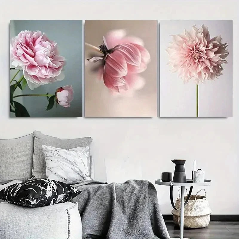 3pcs Pink Peony Dahlia Floral Wall Art Set Canvas Framed 40x60cm - High Quality Print 100% Australian Made Wall Canvas Ready to Hang