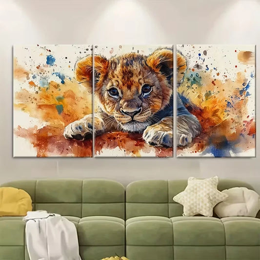 3pcs Lion Cub Watercolor Metal Print Ready to Hang Art