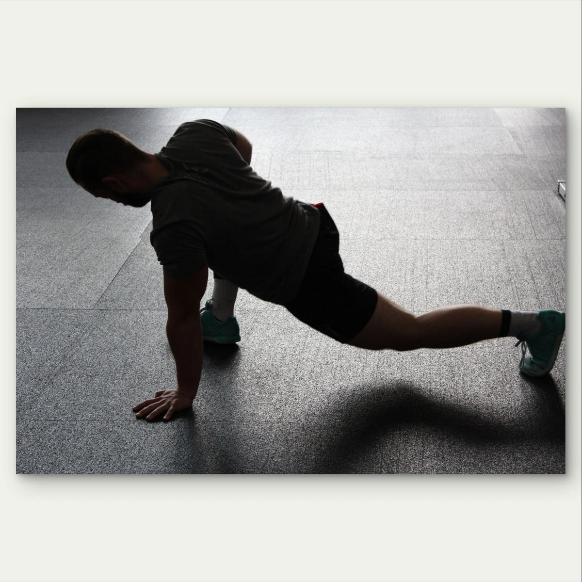 Man Doing a Deep Lunge Stretch 5mm Plastic Poster Ready to Hang 90x60cm