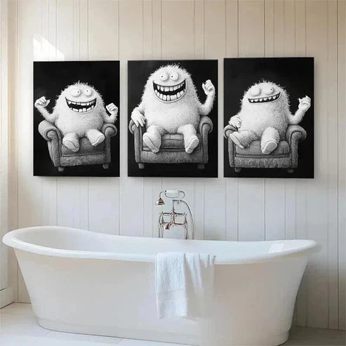 3pcs Funny Monster Playful Black & White Wall Art Canvas Unframed - High Quality Print 100% Australian Made Wall Canvas