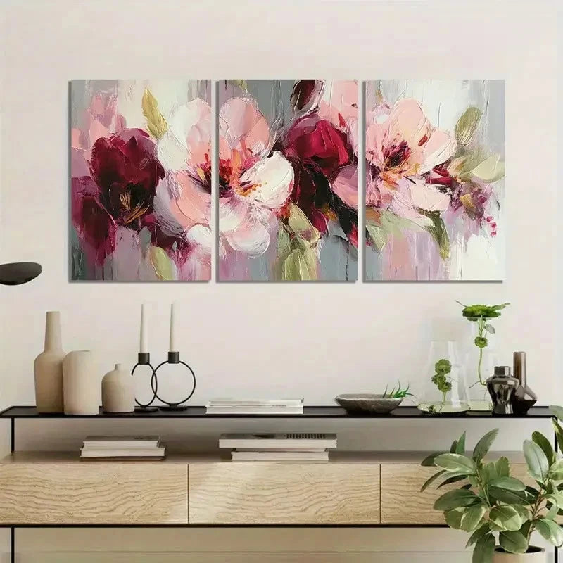 3pcs Abstract Floral Painting in Pink-Burgundy Metal Print Ready to Hang Art