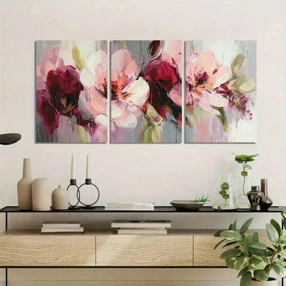 3pcs Abstract Floral Painting in Pink-Burgundy Metal Print Ready to Hang Art
