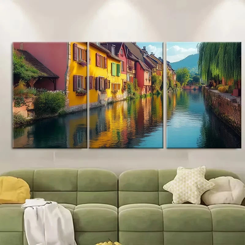 3pcs Alsace Canal Architecture Metal Print Ready to Hang Art