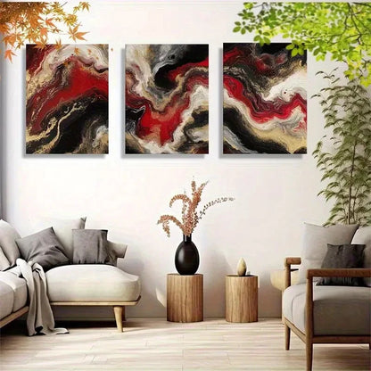 3pcs Abstract Fluid Ink Red Black Golden Swirl Metal Print Ready to Hang Art