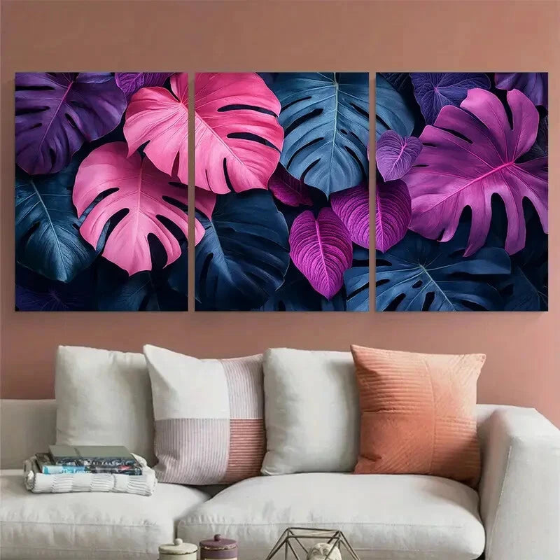 3pcs Vibrant Tropical Jungle Pink Purple Foliage Metal Print Ready to Hang Art