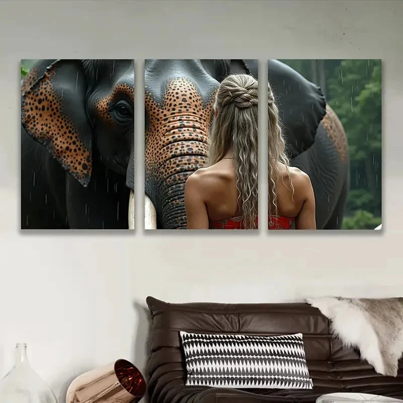3pcs Woman In Red Dress With A Elephant Painting Wall Art Set Canvas Framed 50x70cm - High Quality Print 100% Australian Made Wall Canvas Ready to Hang