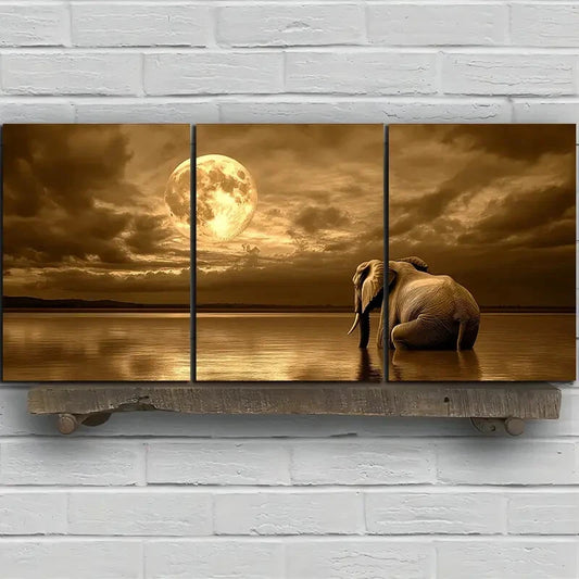 3pcs Elephant Under The Stunning Moon Metal Print Ready to Hang Art