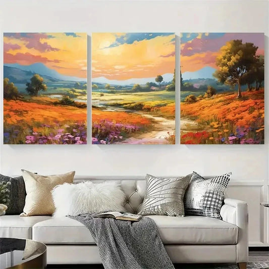 3pcs Golden Wildflower Path Sunset Meadow Wall Art Set Canvas Framed 40x60cm - High Quality Print 100% Australian Made Wall Canvas Ready to Hang