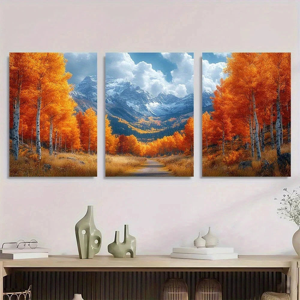 3pcs Vibrant Fall Trees & Mountain Metal Print Ready to Hang Art